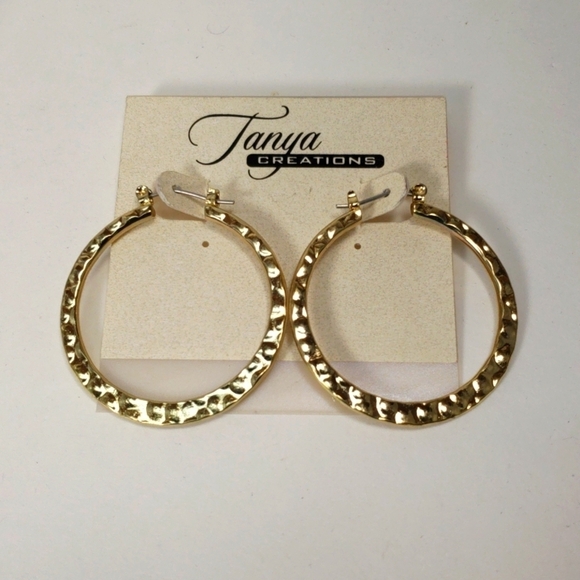 Gold Hammered Teardrop Hoop Earrings | Textured Latch-Back Design 1.75-inch - Picture 3 of 7